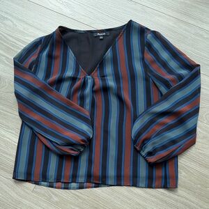 Madewell Striped V-Neck Blouse — Blue & Rust